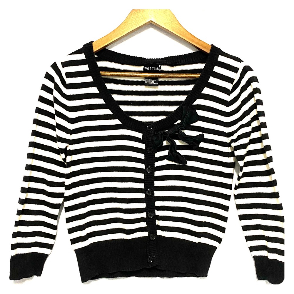 Wet Seal Black Striped Bow Button Up Cardigan Sz S